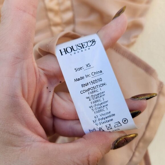 House of CB Railea Nude Taupe Corset Ruched Midi Sheer Chiffon Dress - Picture 7 of 7